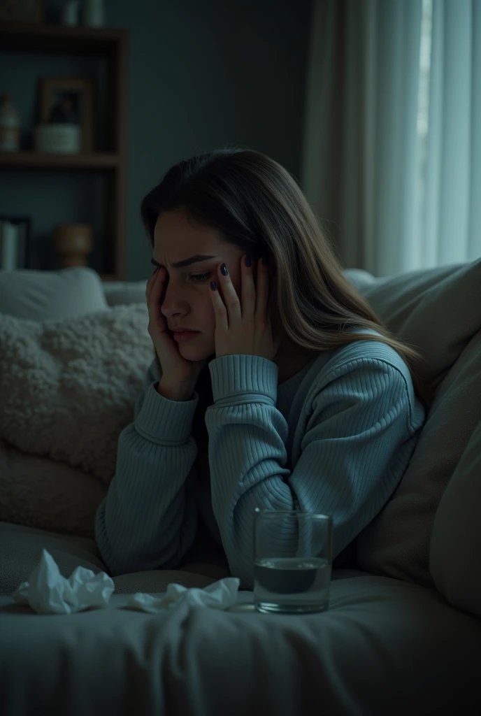 A woman crying on the couch in the living room
