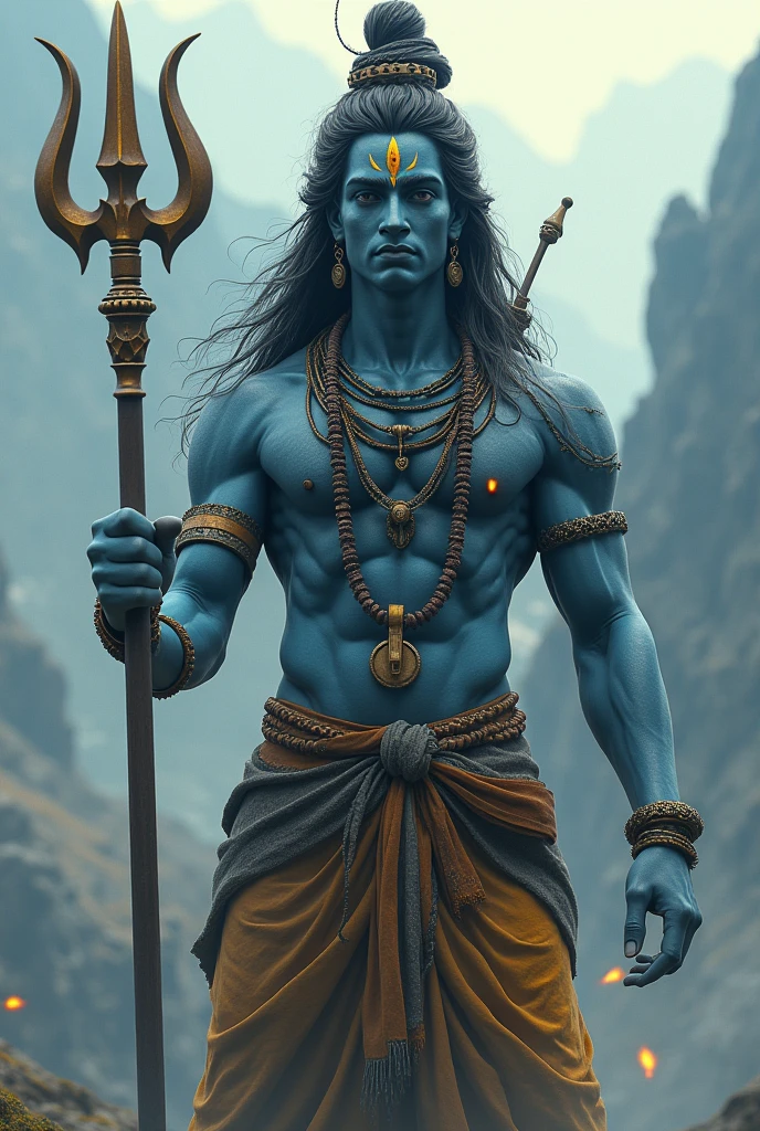 Appearance: Mahadev is often portrayed with a serene and composed demeanor.
Features:
Third Eye: Prominently placed on his forehead.
Trident (Trishul): Usually held in one of his hands.
Crescent Moon: Positioned on his head.
Snake: Worn around his neck.
Ashes: Smear of ash on his body, symbolizing the transient nature of life.
Attire:
Clothing: Typically in a tiger skin or simple dhoti.
Adornment: Rudraksha beads and a necklace.
Background: Often depicted in a mountainous or Himalayan setting, sometimes with the river Ganges flowing from his hair. Please create full hd Mahadev picture , share another one