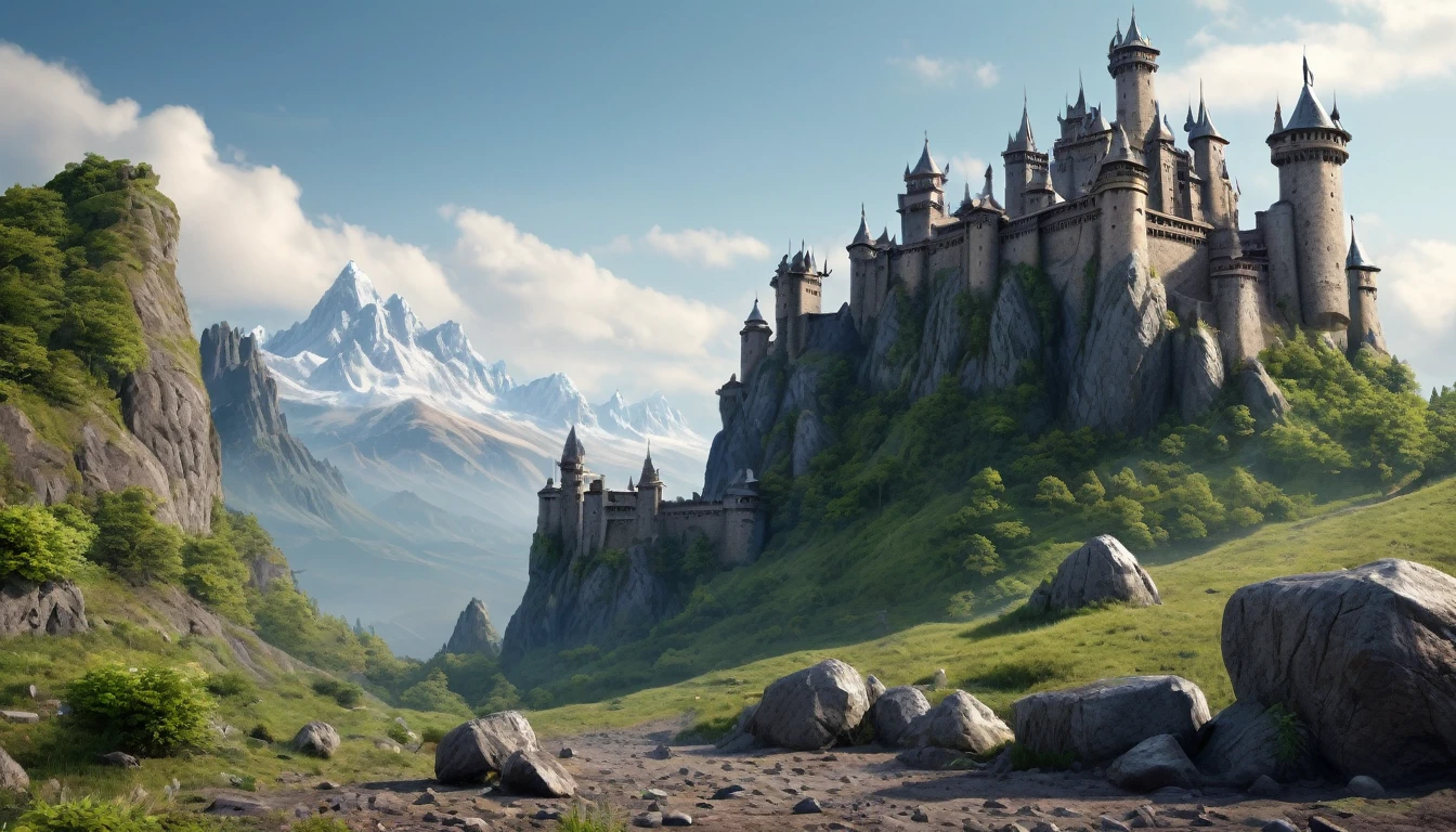 mountains with a castle in the distance and a few rocks in the foreground, hyperdetailed 3d matte painting, hyperdetailed 3 d matte painting, 3 d render and matte painting, mountain ancient fortress, photorealistic matte painting, 3d rendered matte painting, matte painting in fantasy style, highly detailed matte painting, a detailed matte painting, intricate matte painting