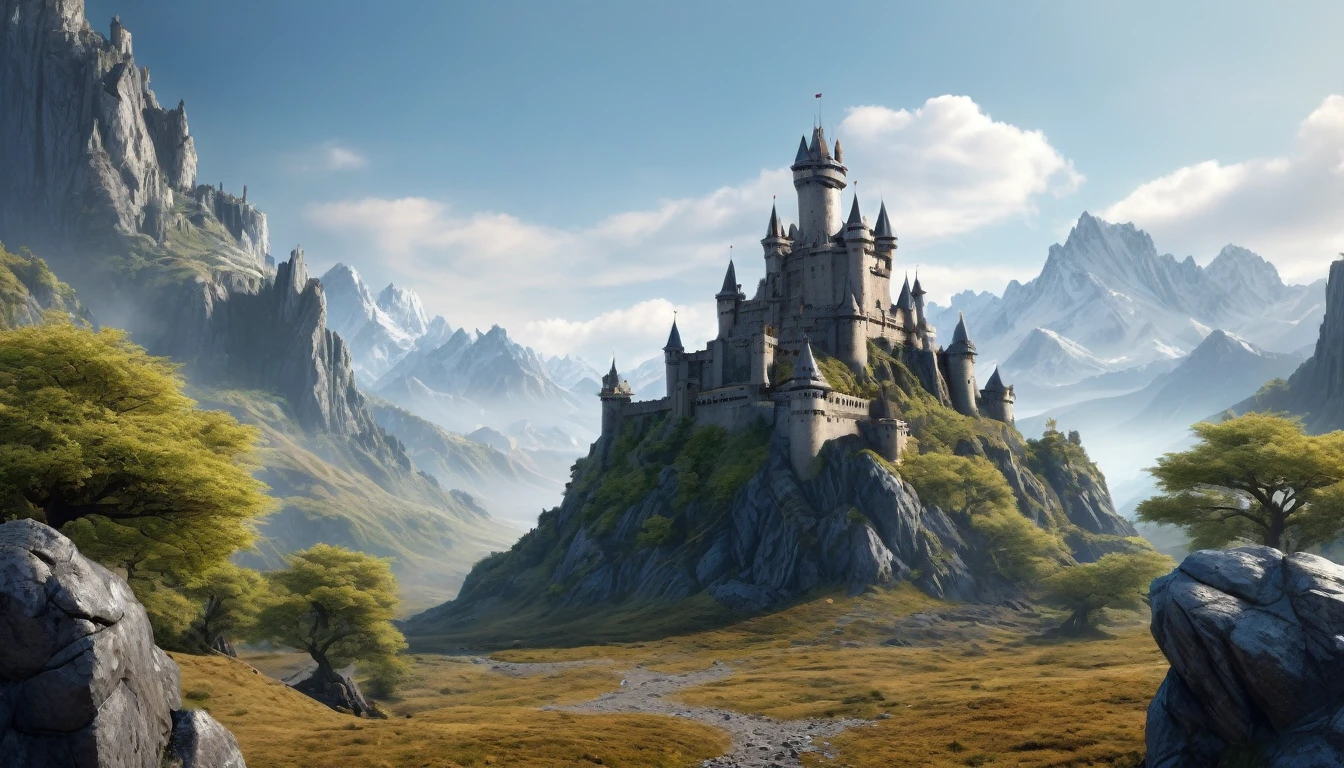 mountains with a castle in the distance and a few rocks in the foreground, hyperdetailed 3d matte painting, hyperdetailed 3 d matte painting, 3 d render and matte painting, mountain ancient fortress, photorealistic matte painting, 3d rendered matte painting, matte painting in fantasy style, highly detailed matte painting, a detailed matte painting, intricate matte painting