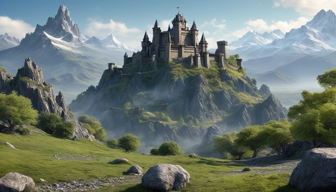 mountains with a castle in the distance and a few rocks in the foreground, hyperdetailed 3d matte painting, hyperdetailed 3 d matte painting, 3 d render and matte painting, mountain ancient fortress, photorealistic matte painting, 3d rendered matte painting, matte painting in fantasy style, highly detailed matte painting, a detailed matte painting, intricate matte painting