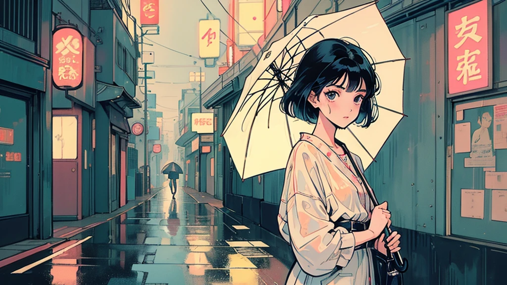 masterpiece, Highest quality, A girl walking down a rainy Tokyo street, short hair,holding an umbrella, with neon signs reflecting on the wet pavement, lyco art, a manga drawing, by Satoshi Kon, lofi hip hop, wlop : :, ukiyo, ukiyo-style, yukito kishiro.