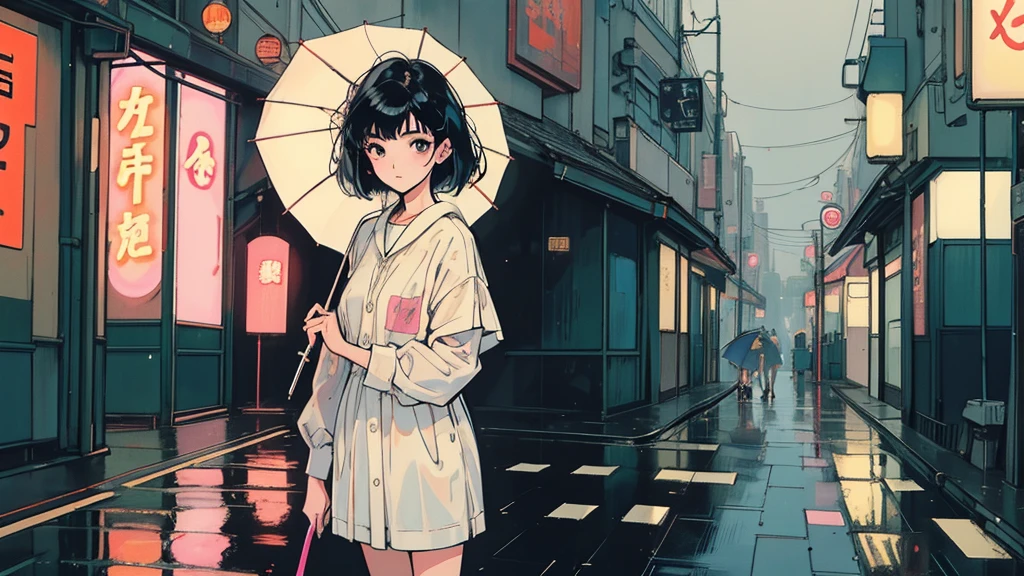 masterpiece, Highest quality, A girl walking down a rainy Tokyo street, short hair,holding an umbrella, with neon signs reflecting on the wet pavement, lyco art, a manga drawing, by Satoshi Kon, lofi hip hop, wlop : :, ukiyo, ukiyo-style, yukito kishiro.