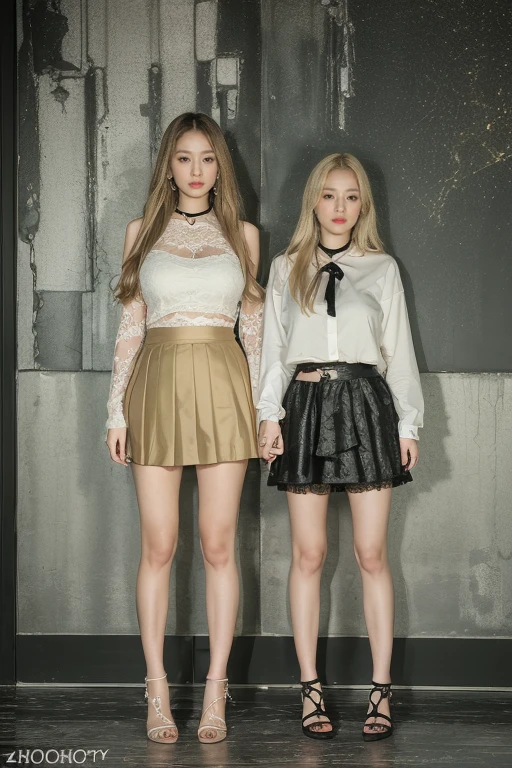 (((original photography:1.2)))，night view of korea，2 girls standing together，((Lace skirt))，Full body portrait，Big breasted girl，Very detailed face，exquisite eyes，Charming eyes， (modern fashion style:1.3) ，(Torn skirt:1.3)， Golden body proportions， Messy Blonde Hair，very long blonde hair， (very detailed) ，damaged skirt，((lift each other&#39;s skirts))，complex, Tall and detailed, precise, Dramatic, Turn your back to the audience