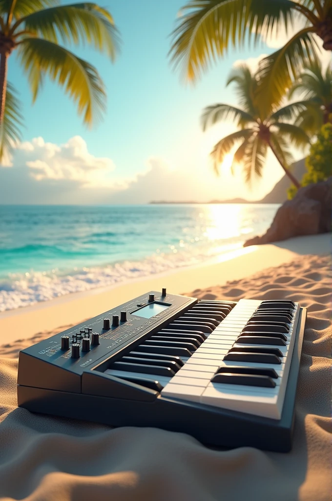 Realistic keyboard in front of a beach with artificial musical chords