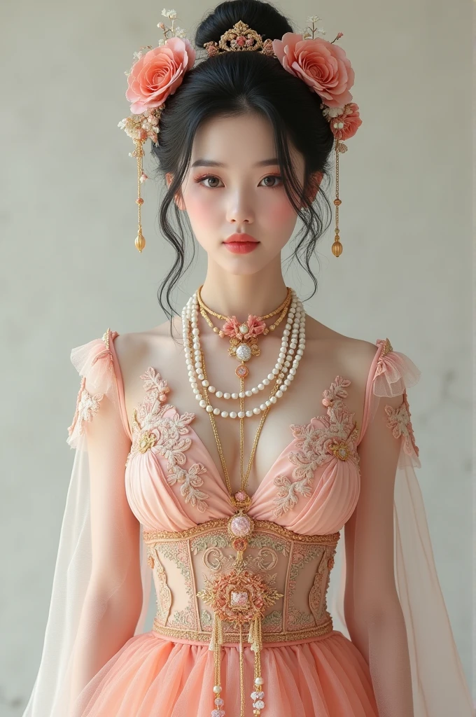 An elegant, mature young woman wearing a pink ta outfit。Full body front view、Asian、The skin is relatively white、Luxurious clothing、Silky transparent lace on the clothes、Gold wire trim、Jewelry decoration、A pearl necklace hangs around her neck。