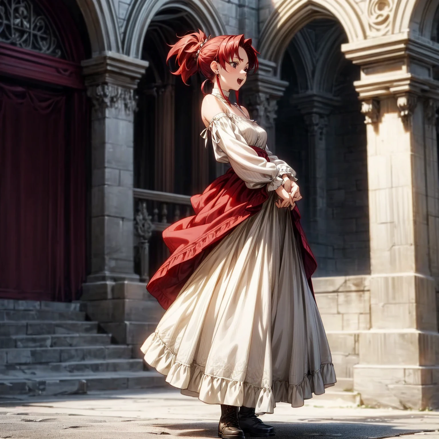 Solo character, full body version, young girl, black eyes, red color hair, long hair, ponytail, long dress clothing, Victorian dress, white color dress, bare shoulder clothing, long skirt, boots, earrings, outdoor, village, medieval, morning, standing gesture, detailed background, detailed clothing, detailed hair, happy eyes, open mouth, Medium breast 