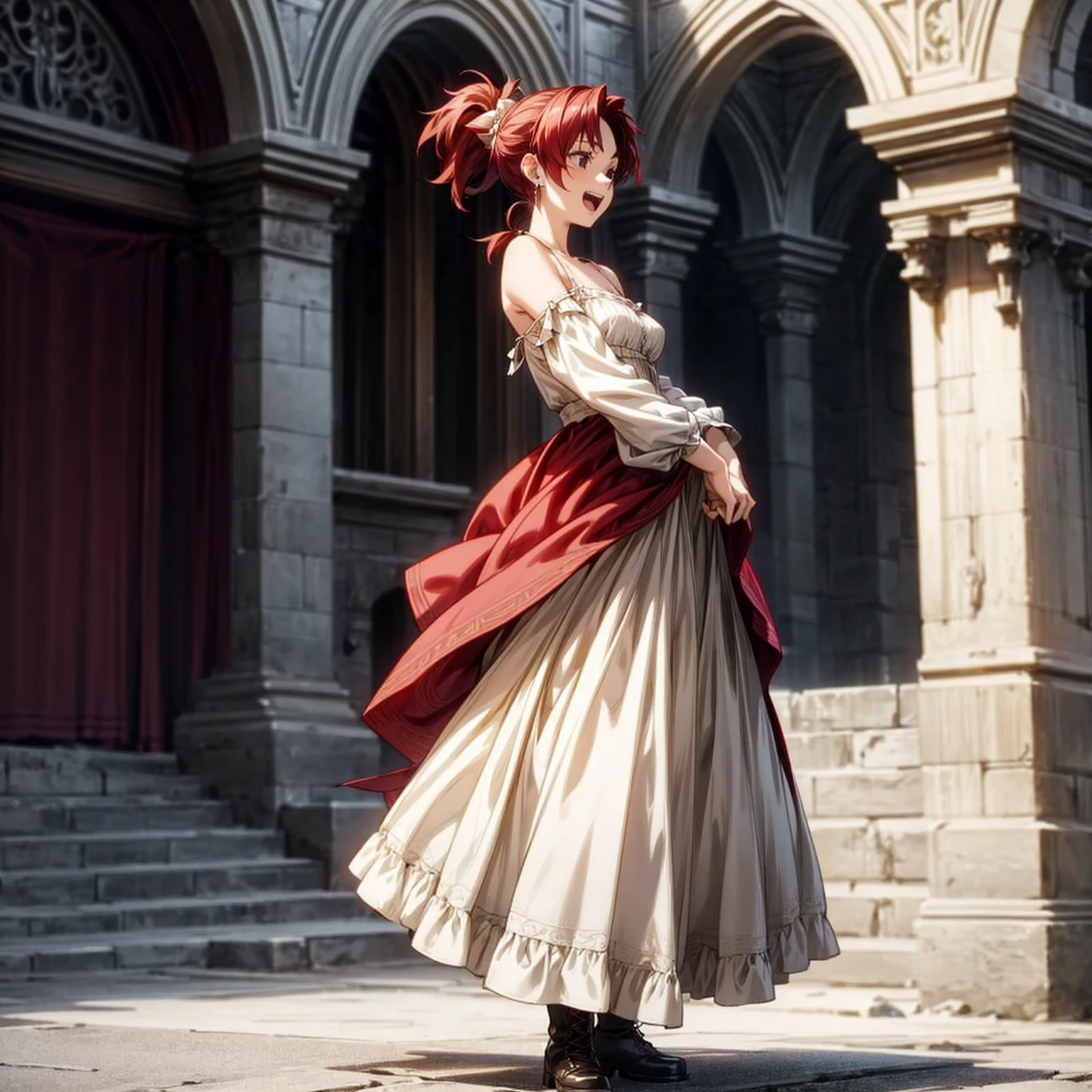 Solo character, full body version, young girl, black eyes, red color hair, long hair, ponytail, long dress clothing, Victorian dress, white color dress, bare shoulder clothing, long skirt, boots, earrings, outdoor, village, medieval, morning, standing gesture, detailed background, detailed clothing, detailed hair, happy eyes, open mouth, Medium breast 