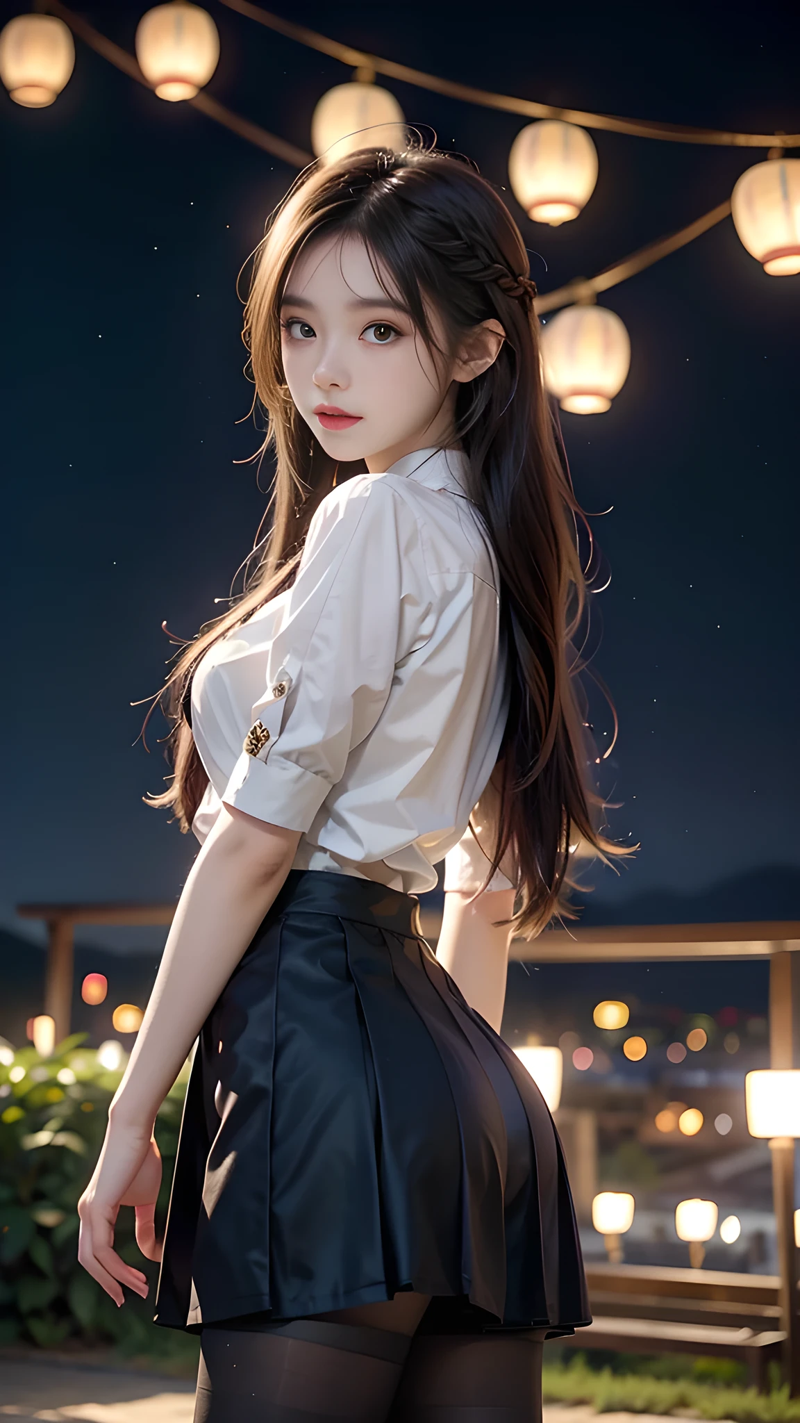 ulzzang-6500-v1.1, (RAW photo: 1.2), (Real photo), (Real photo: 1.4), 1 girl、Perfect anatomy、19 years old、Looking at the camera、Medium length hair、side braids, uniform short skirt, in a surreal royal garden, with many hanging lanterns, under the starry night sky, ((starry night: 1.1))、(Surreal tights: 1.2), (Business service)、Asian eyes Ella,