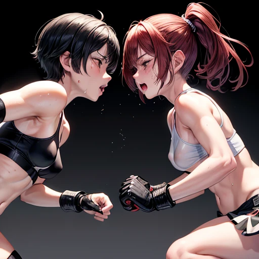 punch, punch, punch. two bloody beautiful Japanese female fighters are looking at each eyes. life or death struggle. survival battle. dynamic exciting action in the octagon battle arena. whole body picture. they are beating each other so hard. their punches to each other's faces. they are covered in scars and bruises. they are damaged terribry. Short-cut black hair, out of breath, drooling from mouth, one eye closed, exhausted, drenched in sweat. Erect nipples. open finger glove. sports-bra, high-leg panty. Stockings. armwarmers. Whittled waistline, small breasts