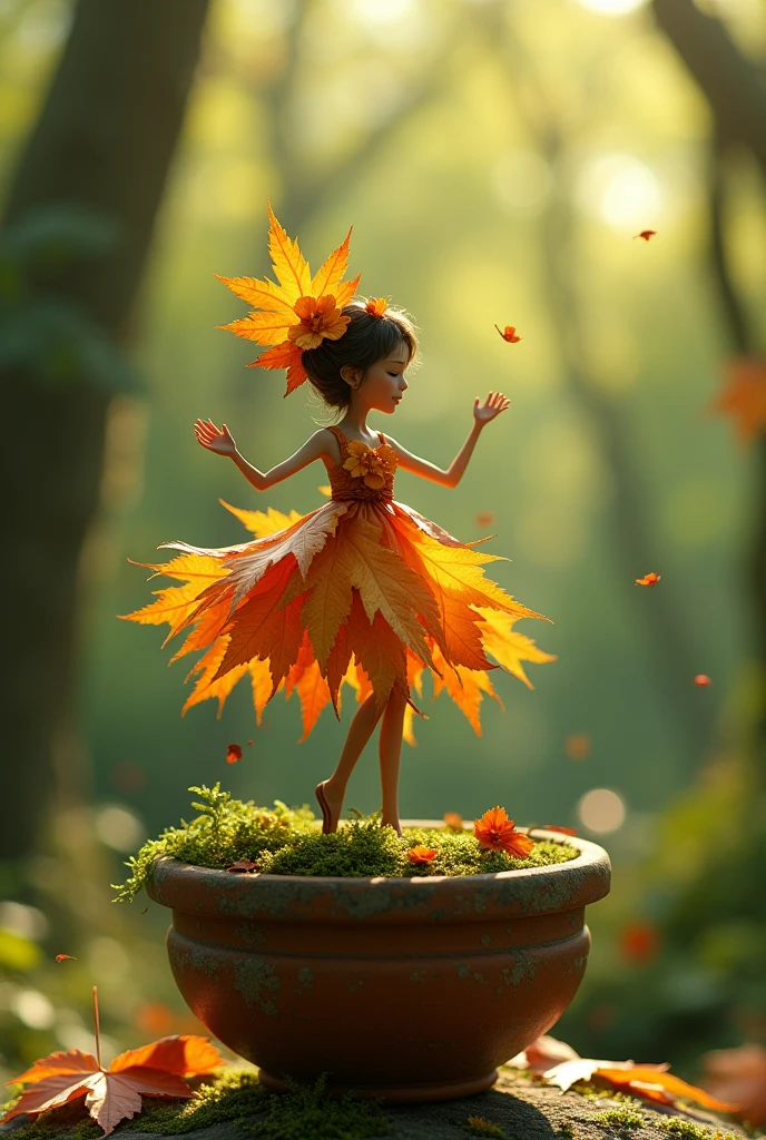A whimsical miniature figure crafted from delicately arranged autumn leaves dances gracefully on the rim of a weathered, moss-covered terracotta pot. It is set against a lush, vibrant forest backdrop, where dappled sunlight filters through the canopy above, casting intricate shadows. The scene has an ethereal aesthetic with warm, earthy tones of sienna, umber, and olive green, accented by hints of emerald and golden light, evoking a sense of wonder and enchantment, as if plucked from a fantastical realm.