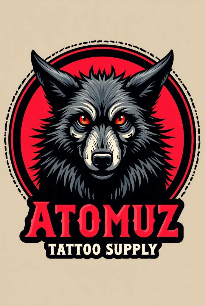 Can you create a logo for my store?. 
Let it say ATOMUZ TATTOO SUPPLY in red and black and have a wolf and be round