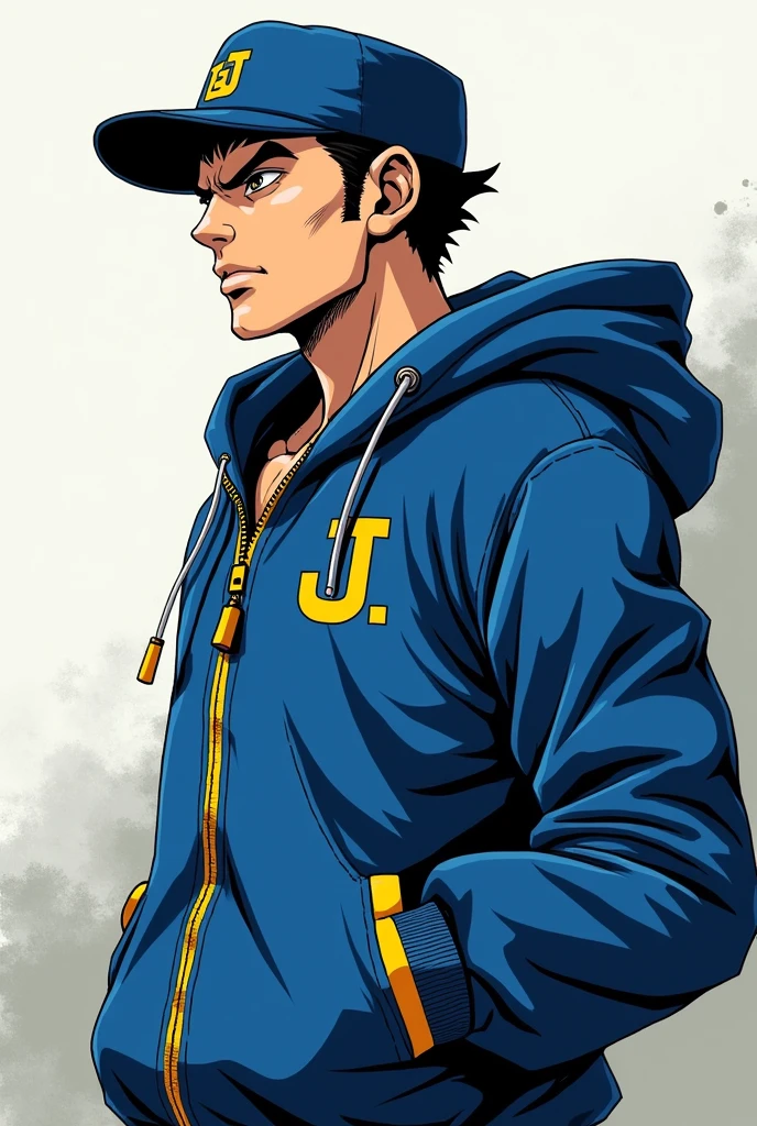 Anime character wearing a blue jacket, Boom King Kong, jotaro kujo, Jojo anime style, jotaro, Becoming a JoJo character, JoJo&#39;s Bizarre Adventure, Ninja scroll anime style, an angry muscular army general, Kentaro Miura&#39;s Manga Art Style, ＪＪＢＡ,  striking manga artstyle,Dwayne Johnson style,((Defective Japan))
((Japanese student cap)),((Japanese Banchou)),((Gaze to the upper left)),((Japanese)),Showa era villains,Profile on the left,Looking forward,((純Japanese)),((school uniform))((Naked school uniforms))
