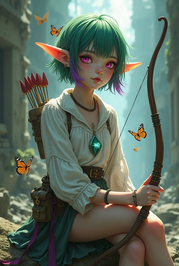 ((Best Quality)), ((masterpiece)), (detailed), (original), (realist), girl short green and fuchsia violet hair, medium fire red eyes, Elf's ears, soft smooth skin, small mouth, pink, glow, freckled, introvert, shy, angelic, Whole body, pants with belt, white shirt with details, cyan pendant, leather shoes, transparent stockings, zodiac, survivor, dystopian ruins background, textura refinada glow, bow and arrow costume, mixed clothing, violet locks of hair, butterflies and phoenix, tangled in ribbons, combat potion,