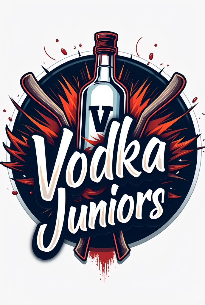 I want a circular football logo of "vodka juniors" with original art and a bottle of vodka with the initials