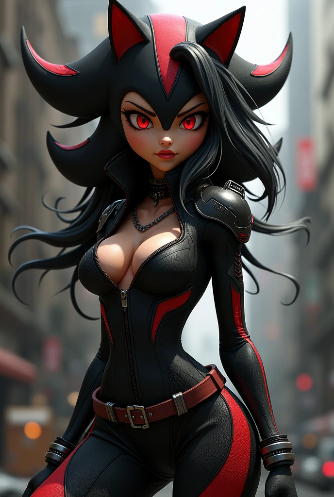 shadina the hedgehog black fur jet red streaks nice body reddish eyes tender pretty beautiful dressed as a soldier female character from shadow the hedgehog