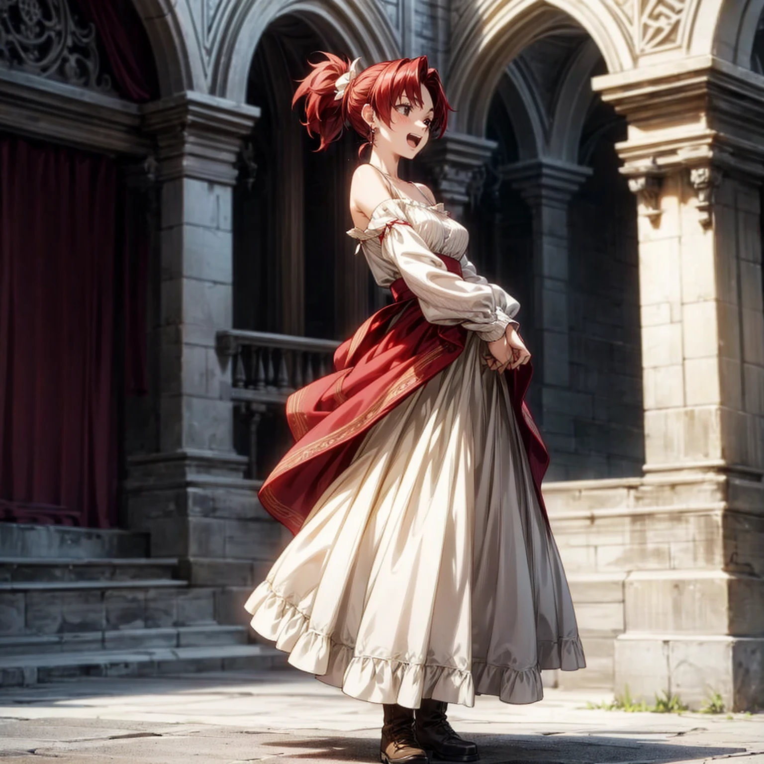 Solo character, full body version, young girl, black eyes, red color hair, long hair, ponytail, long dress clothing, Victorian dress, white color dress, bare shoulder clothing, long skirt, boots, earrings, outdoor, village, medieval, morning, standing gesture, detailed background, detailed clothing, detailed hair, happy eyes, open mouth, Medium breast, (pale colour)