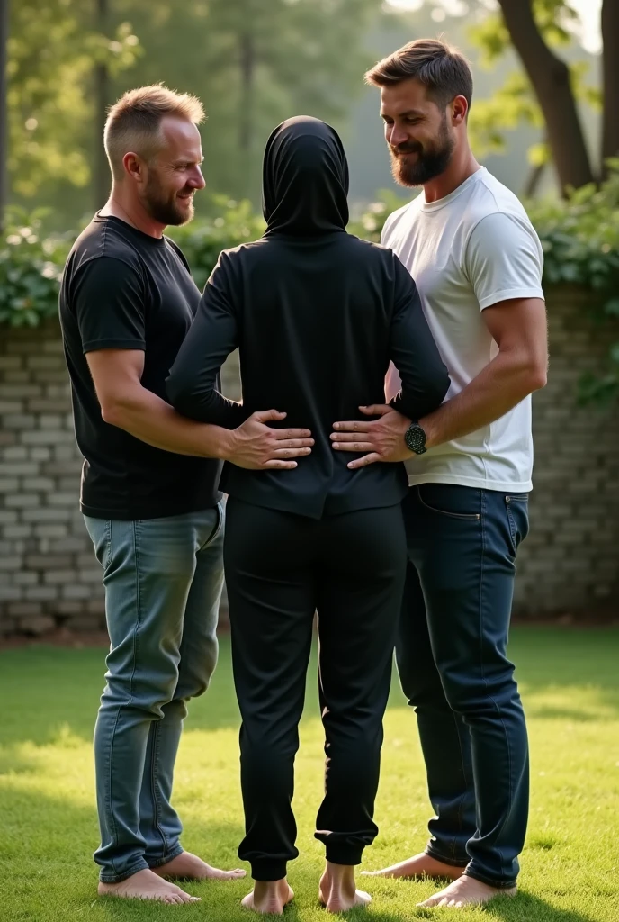 Black headscarf in the garden, black sweatpants, Braless, Barefoot woman. 2 men touching woman&#39;s butt