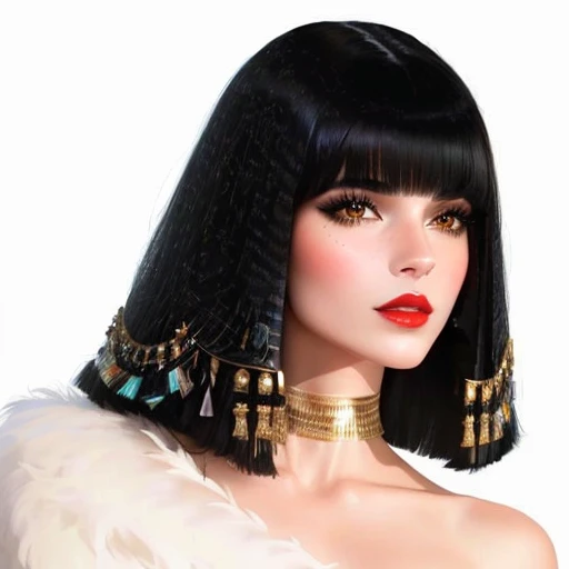 a close up of a woman with a black wig and red lipstick, beautiful Cleopatra, black emma watson as Egyptian, Cleopatra, Egyptian, Egyptian макияж, Cleopatra portrait, Egyptian makeup, Traditional women's hairstyles, у нее черные hair с челкой, hair, Egyptian princess, черные hair до плеч, Egyptian style, wig, Black bangs