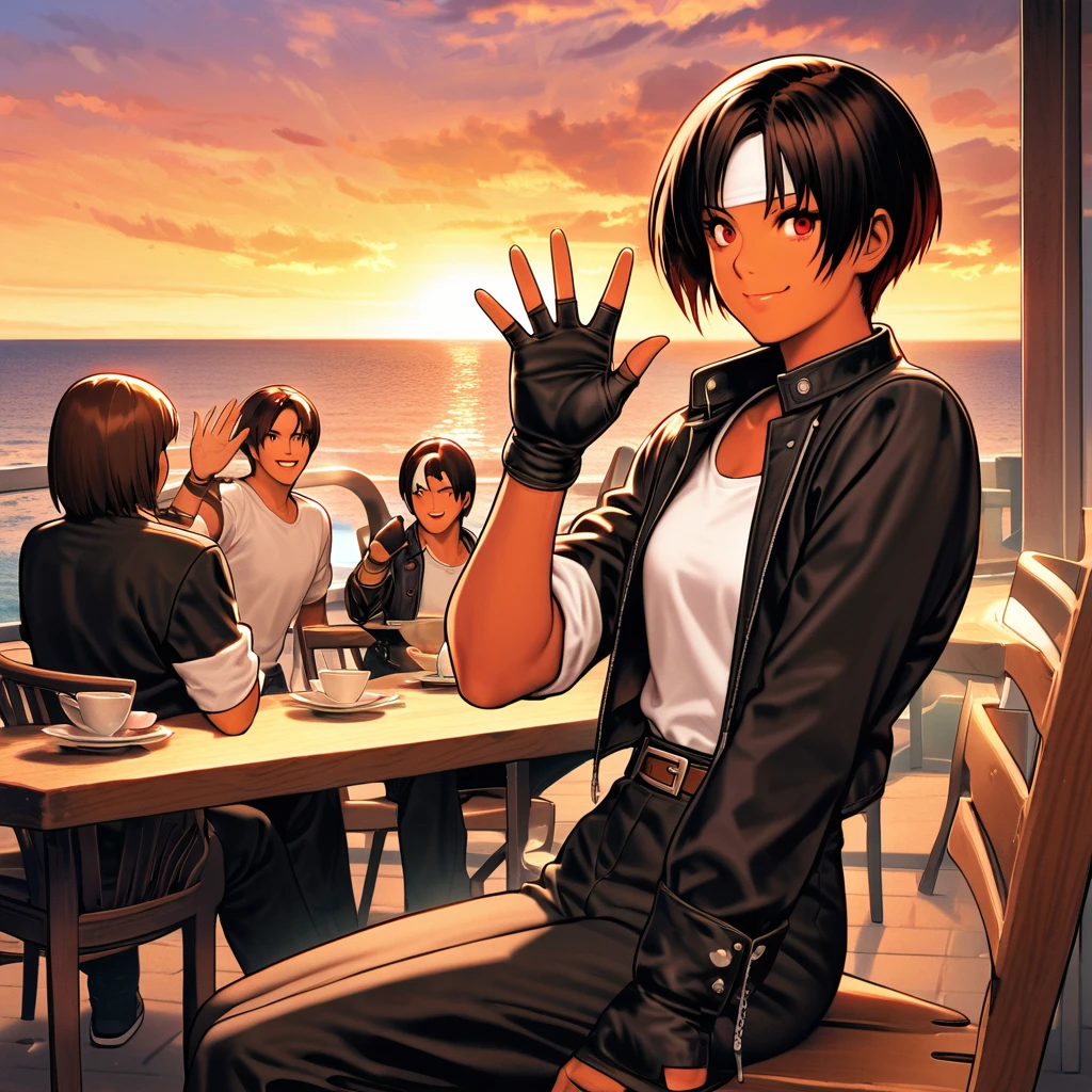 One person,woman,short hair,Dark Skin,Red eyes,(black jacket with sleeves rolled up),Fingerless gloves,White T-shirt, (White headband on forehead),Black trousers,White shoes,Brown belt,cute,Indoor Party,Charm Points,Ocean View,Slightly large chest,Outdoor,high quality,good looking,A confident smile,Dining with friends on the terrace,Vibrant atmosphere,Sit on a chair,Waving to a friend