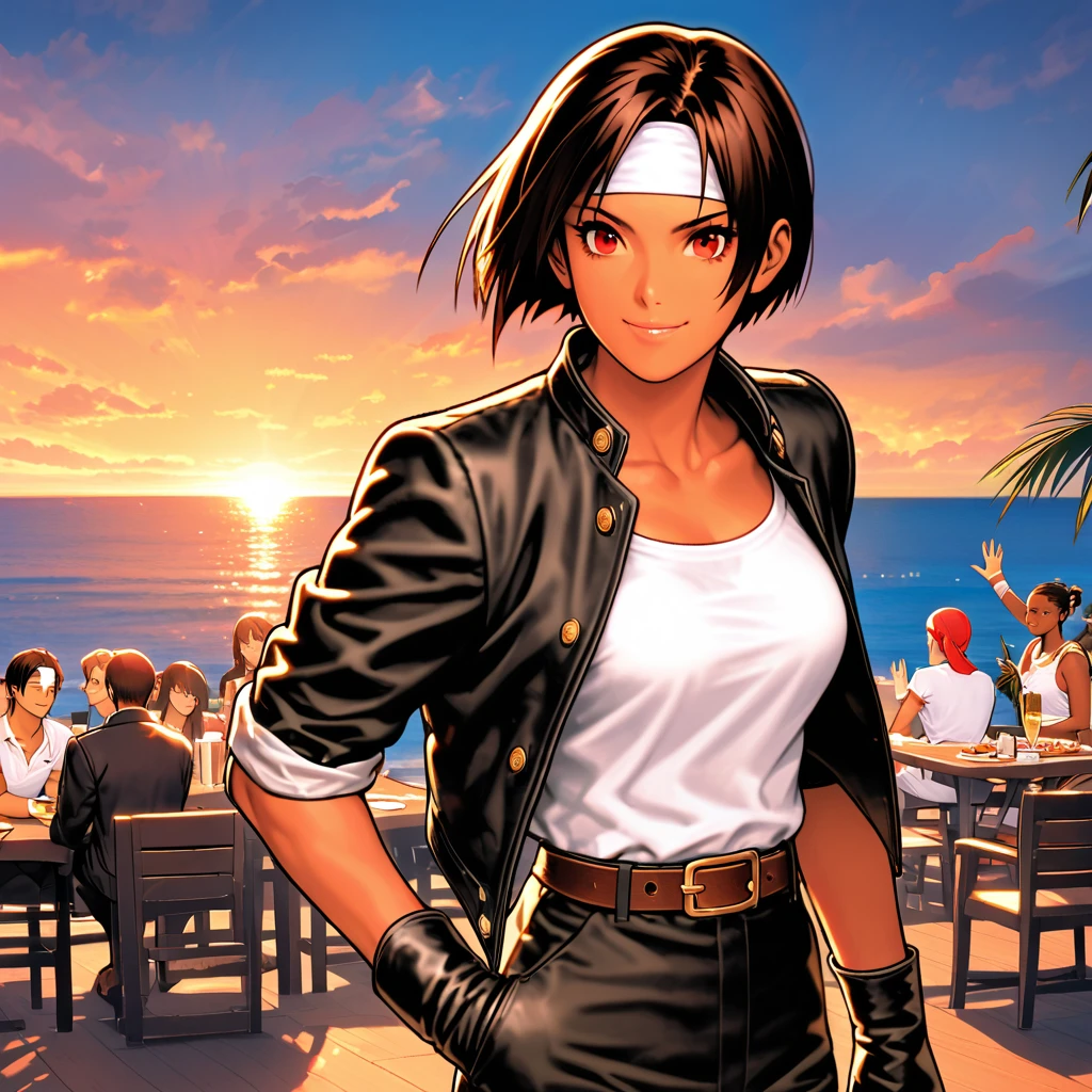 One person,woman,short hair,Dark Skin,Red eyes,(black jacket with sleeves rolled up),Fingerless gloves,White T-shirt, (White headband on forehead),Black trousers,White shoes,Brown belt,cute,Indoor Party,Charm Points,Ocean View,Slightly large chest,Outdoor,high quality,good looking,A confident smile,Dining with friends on the terrace,Vibrant atmosphere,Sit on a chair,Waving to a friend