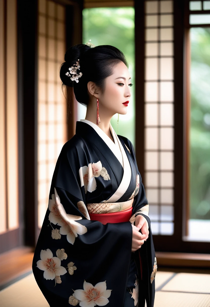 (A bewitching 35-year-old Japanese widow, clad in a stunning black mourning kimono, stands solo beneath the eaves of a funeral parlor on a moonlit night. Her Chestnut French Roll Hair cascades down her back like a waterfall of darkness, while her dark red lips seem to whisper secrets to the shadows. Her hands rest delicately over her crotch, exuding an aura of mysterious allure as she surveys the somber surroundings with an air of seductive quietness., The white smoke from the incense sticks drifts thinly like mist., A background effect that represents swirling anxiety), ((nsfw, masterpiece, incredibly absurd resolution, absolutely resolution, ultra high resolution, Mature Female, MILF, professional, vivid colors, perfect anatomy, ideal facial features, ideally proportioned figure, perfectly beautiful body, super detailed skin, glossy skin, glistening skin, Glamor, soft and curvy, body conscious, collarbone, cleavage, saggy huge breasts, evil seductive smile))