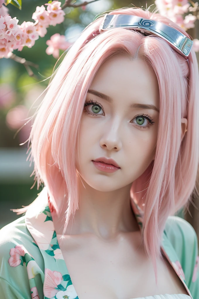 young woman pale skin, long bubblegum pink hair, pink eyebrows, big jade green eyes, buttoned nose, peach lips, small breasts, wide forehead, kimono of flowers and butterflies, Sakura Haruno, realist, 3D
