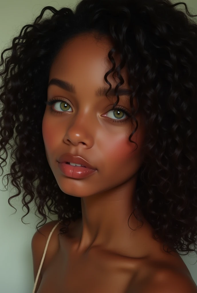 Portrait of a brunette girl, with green eyes, curly hair and black skin