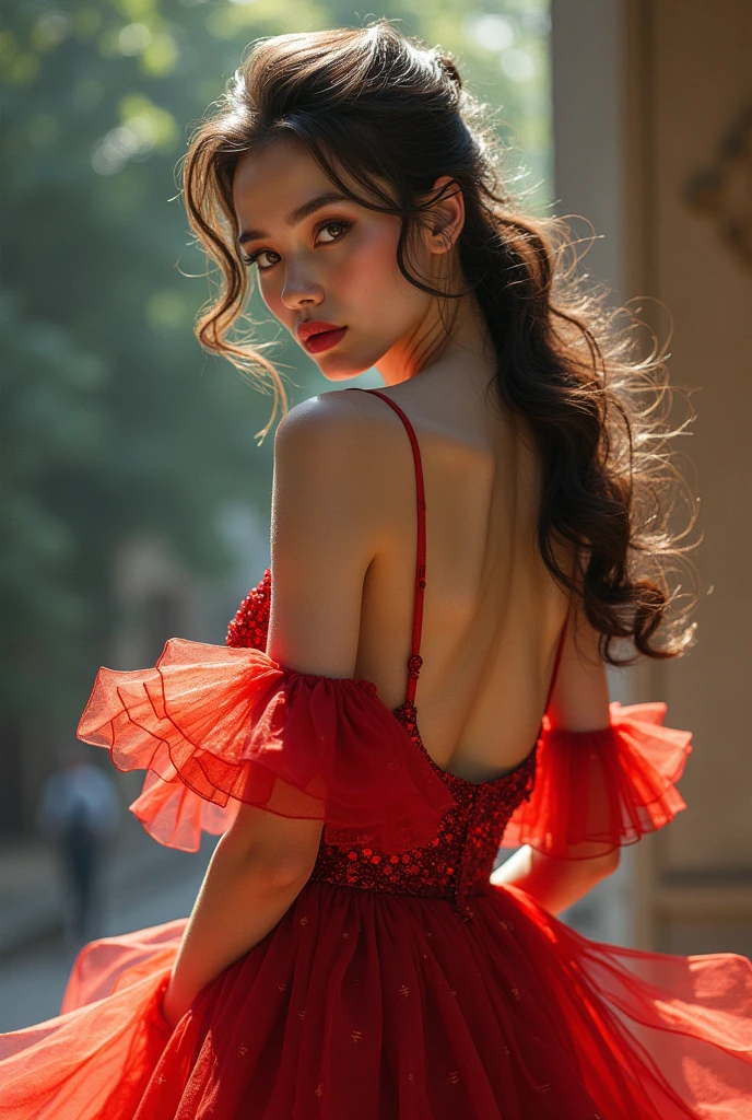 Beautiful Parisian female model，Flowing magic realism dress，Detailed facial features，High Fashion，Elegant posture，Complex design，Eye-catching makeup，Dramatic lighting，Fantasy Background，Vibrant colors， ((Inspired by Megan Hess)), Concept Art, (best quality,4K,8k,highres,masterpiece:1.2)
