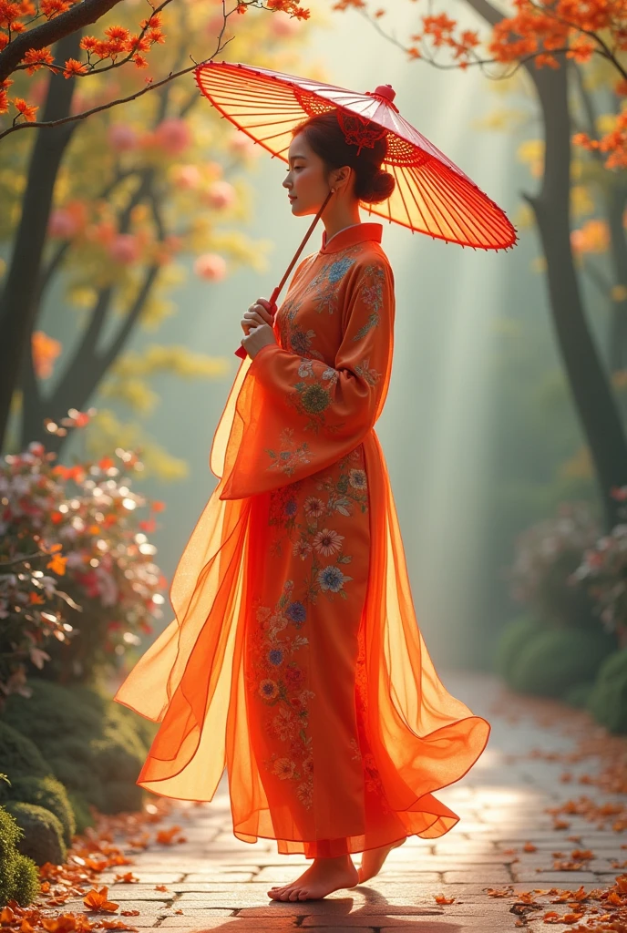 A beautiful chinese girl walking in garden wearing vibrant chinese traditional dress, holding traditional chinese umbrella, high quality masterpiece, a soft, abstract design with warm lighting and subtle, multicolored reflections that complement the overall color scheme of the image