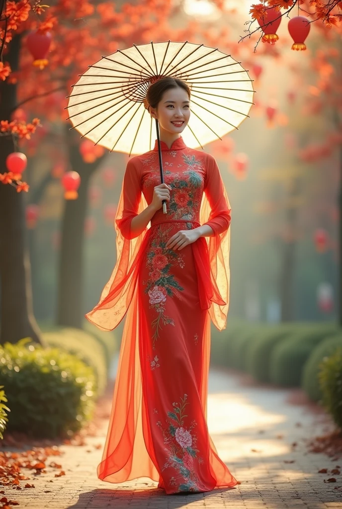 A beautiful chinese girl walking in garden wearing vibrant chinese traditional dress, holding traditional chinese umbrella, high quality masterpiece, a soft, abstract design with warm lighting and subtle, multicolored reflections that complement the overall color scheme of the image