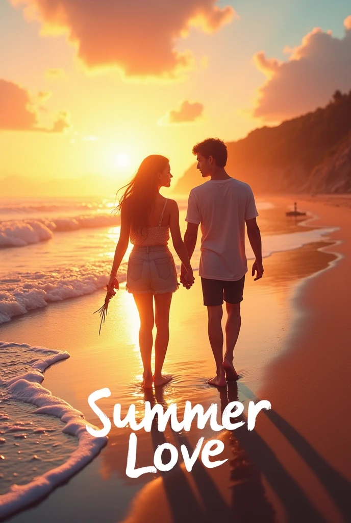 A cover for a Netflix series about two teenagers who fall in love. The title is "summer love" that they are walking on the beach at sunset. That there are some surfboards on the shore and that they look a little far away. Put the title of summer love