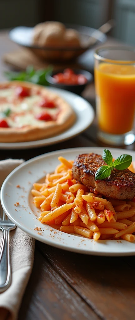 Clear, Here is a description without vegetables!:

"A lunch to delight the senses! in the table, a variety of tempting dishes, like al dente pasta bathed in a tomato and spice sauce, a crispy and aromatic pizza, and a perfectly roasted meat. A meal to enjoy with friends or family, accompanied by a refreshing drink and a sweet and tempting dessert."