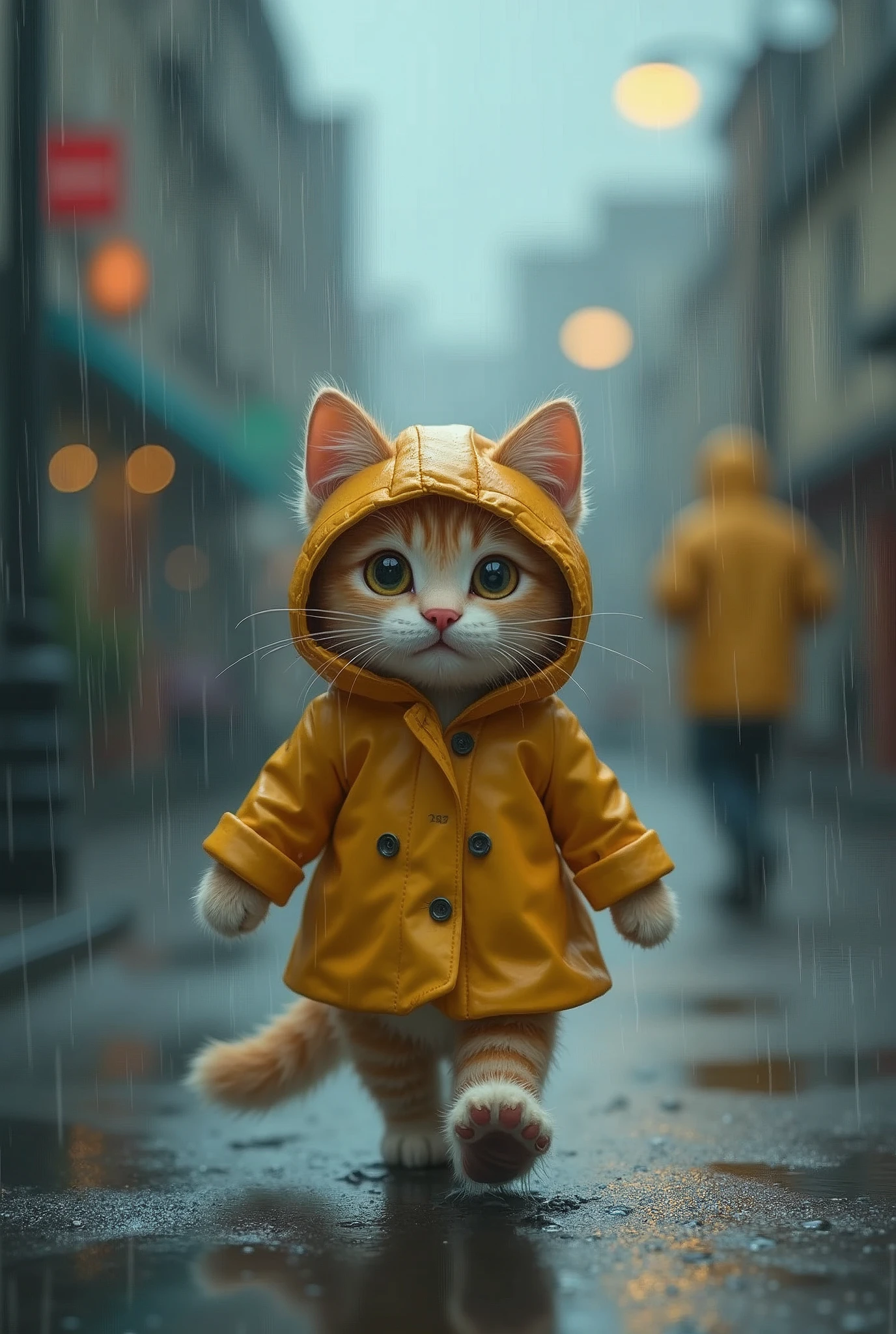 Wearing a raincoat on a rainy day, Cute cat walking towards me