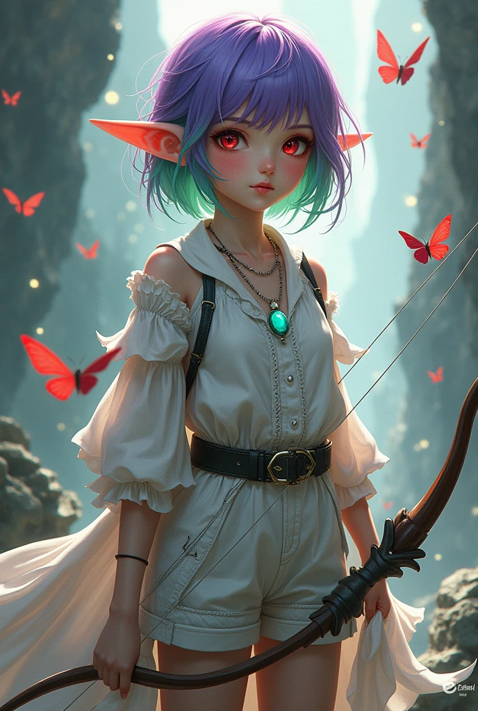 ((Best Quality)), ((masterpiece)), (detailed), (original), (realist), girl short green and fuchsia violet hair, medium fire red eyes, Elf&#39;s ears, soft smooth skin, small mouth, pink,  glow, freckled, introvert, shy, angelic, Whole body, pants with belt, white shirt with details, cyan pendant, leather shoes, transparent stockings, zodiac, survivor, dystopian ruins background, textura refinada glow, bow and arrow costume, mixed clothing, violet locks of hair, butterflies and phoenix, tangled in ribbons, combat potion, 