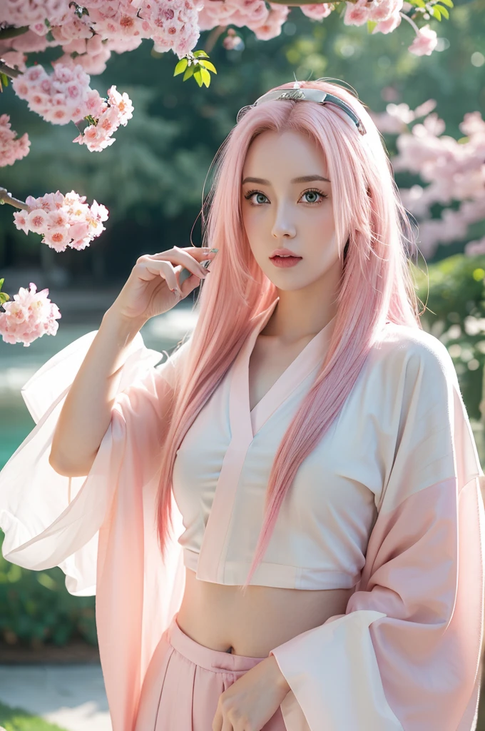 young woman pale skin, long bubblegum pink hair, pink eyebrows, big jade green eyes, buttoned nose, peach lips, small breasts, wide forehead, kimono of flowers and butterflies, Sakura Haruno, realist, 3D