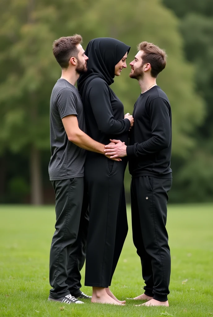 Black headscarf in the garden, black sweatpants, Braless, Barefoot woman. 2 men touching woman's butt