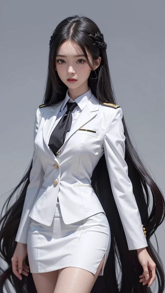 business woman, beautiful woman, Decorated with military insignia, Wear a suit and tie., Short skirt, businessuitwhite, กระโปรงดินสอสั้นwhite, businessuitรัดรูป, All white outfit, Emphasize the curves of the body, (สาวสวยTwo meter long hair, my hair is very long., extra long hair, long black hair), businessuit, (suitสไตล์อิตาลี, suitสองปุ่ม), (italian dress, white สูท, Set of two buttons), (wear women's clothes'suit, women's business suit, white), (สูทผู้หญิงwhite), (เสื้อเชิ้ตwhite), necktie, (necktieสั้นสีดำ, necktieสีดำ, necktieผอม, ถักnecktie), (military rank insignia), (Short pencil skirtwhite), (Dynamic posts), full body, (A gigantic rift), (big breasts, Thin body, small waist, hips raised, small thighs, Long legs), high-heelsสีดำ, (Short pencil skirt, white), Wearing a suit for a business woman, (Wearing a white businesสูท, businessuitหญิงwhite), (tight, military regalia, เสื้อwhite, กระโปรงwhite), Long legs, (black shoes), (Two gold สูท buttons, Two meter long hair, suitเข้ารูป, เสื้อสูทwhiteทรงธรรมดารัดรูป), (black shoes, high-heels), (stand, walk, elegant posture, Dynamic posts), short dress, earring, garden, modeling, ภาพfull body, เหมือนfull body