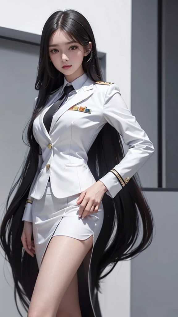 business woman, beautiful woman, Decorated with military insignia, Wear a suit and tie., Short skirt, businessuitwhite, กระโปรงดินสอสั้นwhite, businessuitรัดรูป, All white outfit, Emphasize the curves of the body, (สาวสวยTwo meter long hair, my hair is very long., extra long hair, long black hair), businessuit, (suitสไตล์อิตาลี, suitสองปุ่ม), (italian dress, white สูท, Set of two buttons), (wear women&#39;s clothes&#39;suit, women&#39;s business suit, white), (สูทผู้หญิงwhite), (เสื้อเชิ้ตwhite), necktie, (necktieสั้นสีดำ, necktieสีดำ, necktieผอม, ถักnecktie), (military rank insignia), (Short pencil skirtwhite), (Dynamic posts), full body, (A gigantic rift), (big breasts, Thin body, small waist, hips raised, small thighs, Long legs), high-heelsสีดำ, (Short pencil skirt, white), Wearing a suit for a business woman, (Wearing a white businesสูท, businessuitหญิงwhite), (tight, military regalia, เสื้อwhite, กระโปรงwhite), Long legs, (black shoes), (Two gold สูท buttons, Two meter long hair, suitเข้ารูป, เสื้อสูทwhiteทรงธรรมดารัดรูป), (black shoes, high-heels), (stand, walk, elegant posture, Dynamic posts), short dress, earring, garden, modeling, ภาพfull body, เหมือนfull body