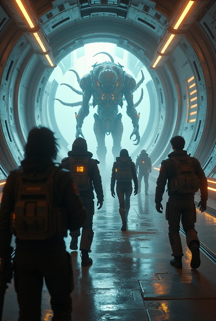 Everyone is entering in the spaceship and killed aliens