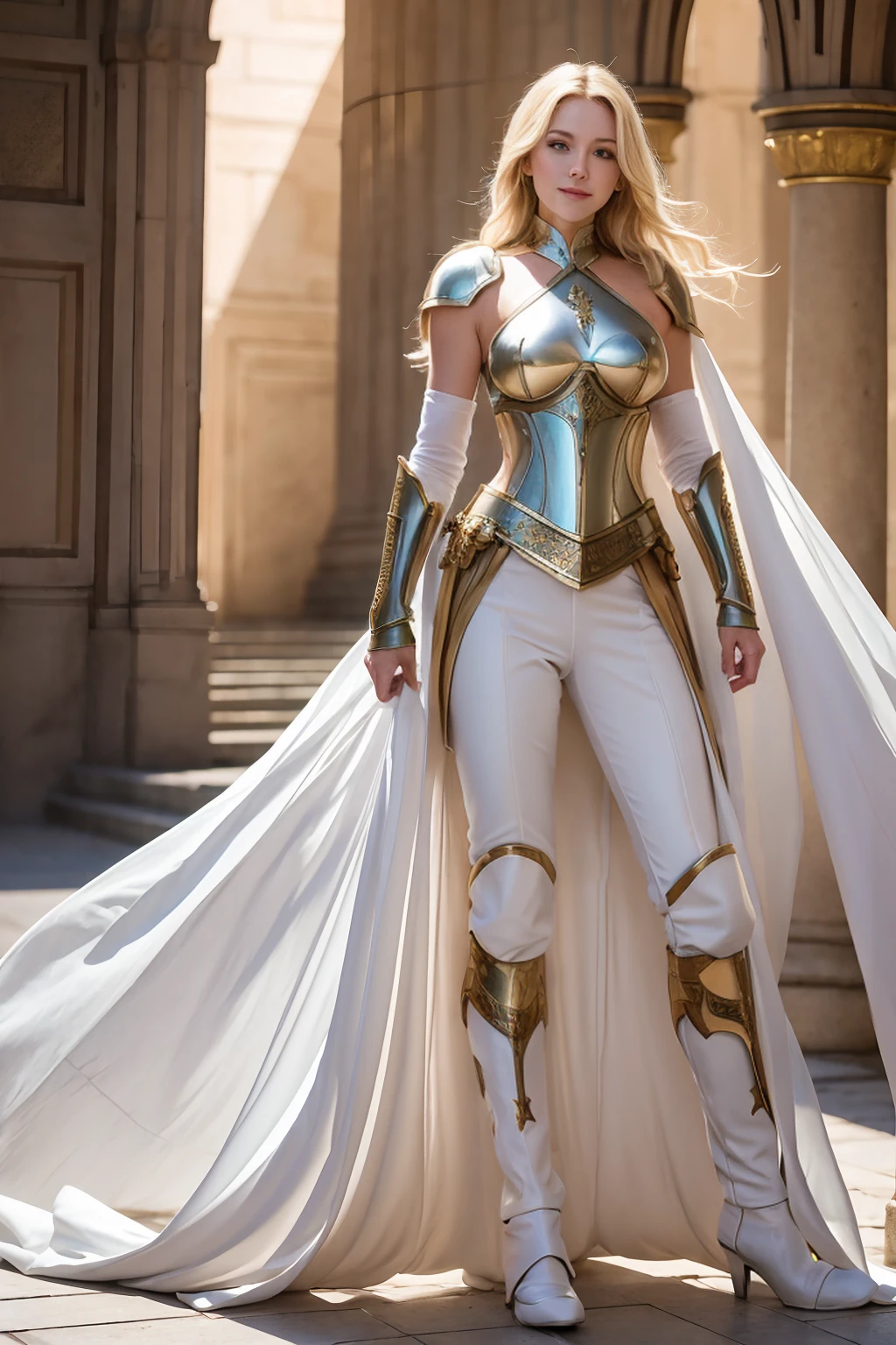 (((full body photo))), 8K,Tall female royal paladin,so beautiful(Like the real thing),Blonde curly hair,smile,Green Eyes,Gorgeous red and white breastplate,Luxury White Combat Pants,Muscular and slim body,Toned ,masterpiece,Photorealistic RAW photos of the highest quality。Bright colors,Rich colors, Backlight, Cinema Lighting, Film Grain, to be born, 50mm lens, Nikon D850,Realistic Skin,Fantasy art,Character Art,Ultra-high resolution,Realistic scale skins,Perfect hand shape,View your viewers,Royal Palace Courtyard,long, Silver sword on waist.,Luxurious white shoulder pads,Luxury White Gauntlets,luxurious white waist armor,Luxurious white leg armor,Makeup,smile,sexy,