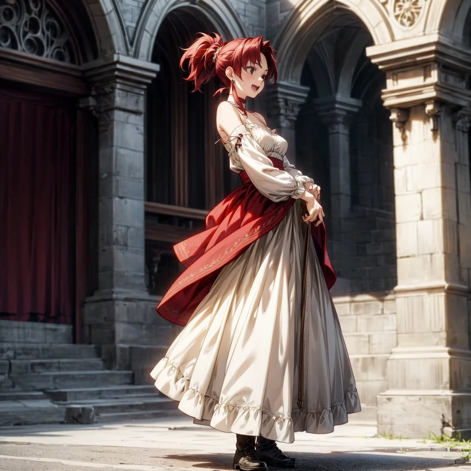 Solo character, full body version, young girl, black eyes, red color hair, long hair, ponytail, long dress clothing, Victorian dress, white color dress, bare shoulder clothing, long skirt, boots, earrings, outdoor, village, medieval, morning, standing gesture, detailed background, detailed clothing, detailed hair, happy eyes, open mouth, Medium breast, (pale colour)