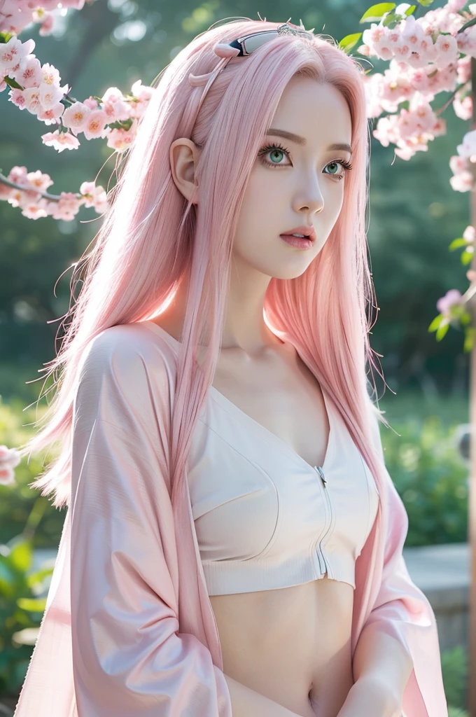 young woman pale skin, long bubblegum pink hair, pink eyebrows, big jade green eyes, buttoned nose, peach lips, small breasts, wide forehead, kimono of flowers and butterflies, Sakura Haruno, realist, 3D