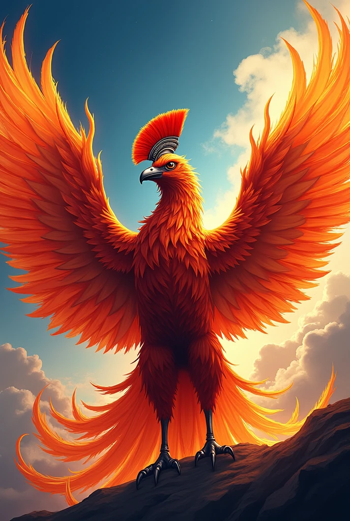 Create a vector image with a phoenix with open wings and a Spartan helmet, with a Honduran flag in a victory position in the background