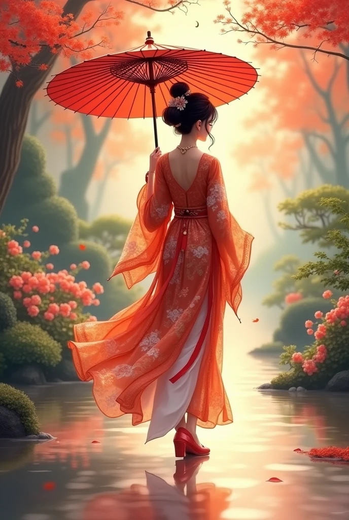 Anime style, A beautiful chinese girl walking in garden wearing vibrant chinese traditional dress, holding traditional chinese umbrella, high quality masterpiece, a soft, abstract design with warm lighting and subtle, multicolored reflections that complement the overall color scheme of the image