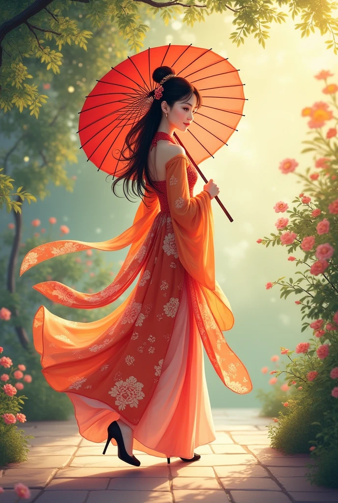 Anime style, A beautiful chinese girl walking in garden wearing vibrant chinese traditional dress, holding traditional chinese umbrella, high quality masterpiece, a soft, abstract design with warm lighting and subtle, multicolored reflections that complement the overall color scheme of the image