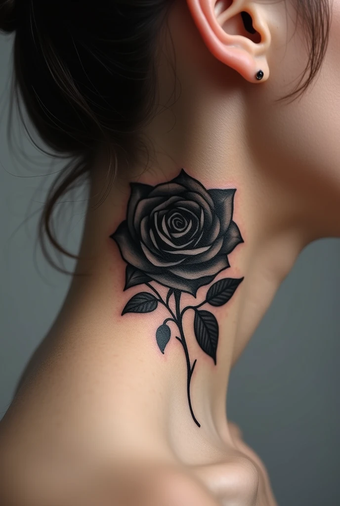 A black rose tattoo on the neck