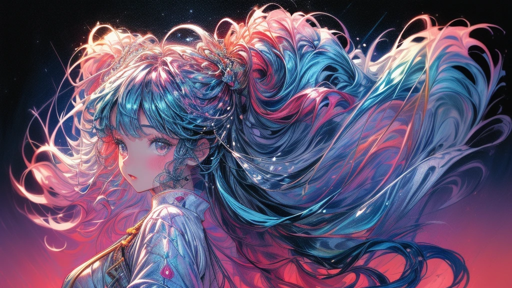 (masterpiece、premium、premium、watercolor painting(Wavy)、official art、Beautifully aesthetic:1.2)、(1 girl in:1.3)、(fractal art:1.3)、From the top of the side of the body、looking at the spectators、Patterns、(bob cuts、cabello colorful、half blue and half pink hair:1.2)、Water、liquids、cloud、colorful、starry sky、stars、