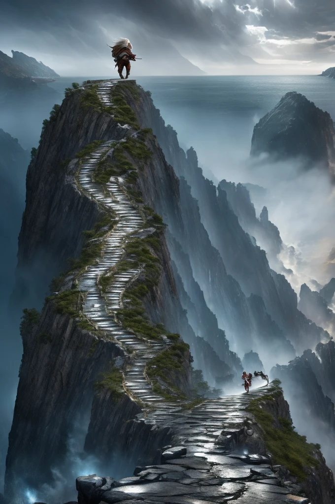 A male human emperor with long, flowing silver hair, menacing eyes, and a muscular physique, standing on a desolate, rocky cliff, surrounded by swirling mist, dramatic lighting, intricate details, digital painting, artstation concept art, full body view, of a fire nation