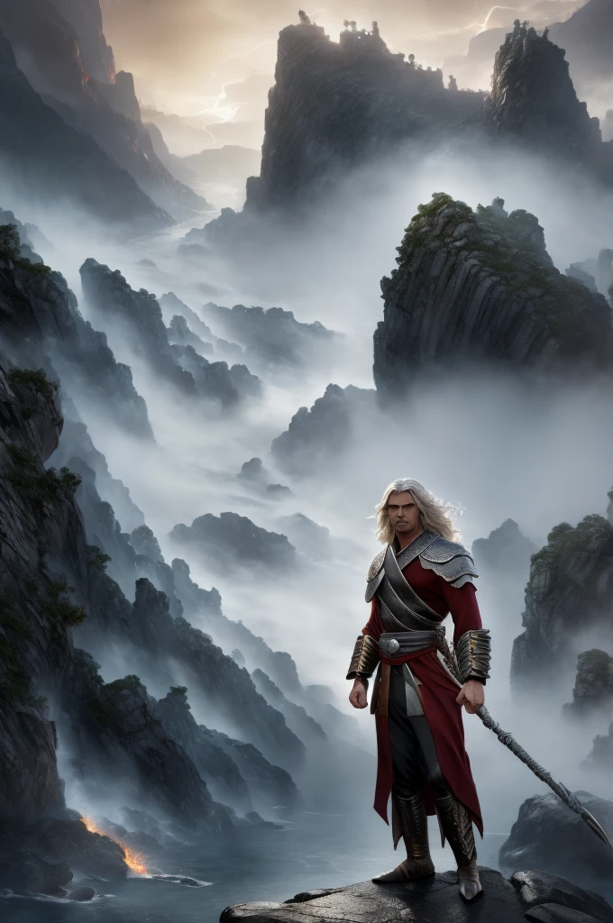 A male human emperor with long, flowing silver hair, menacing eyes, and a muscular physique, standing on a desolate, rocky cliff, surrounded by swirling mist, dramatic lighting, intricate details, digital painting, artstation concept art, full body view, of a fire nation